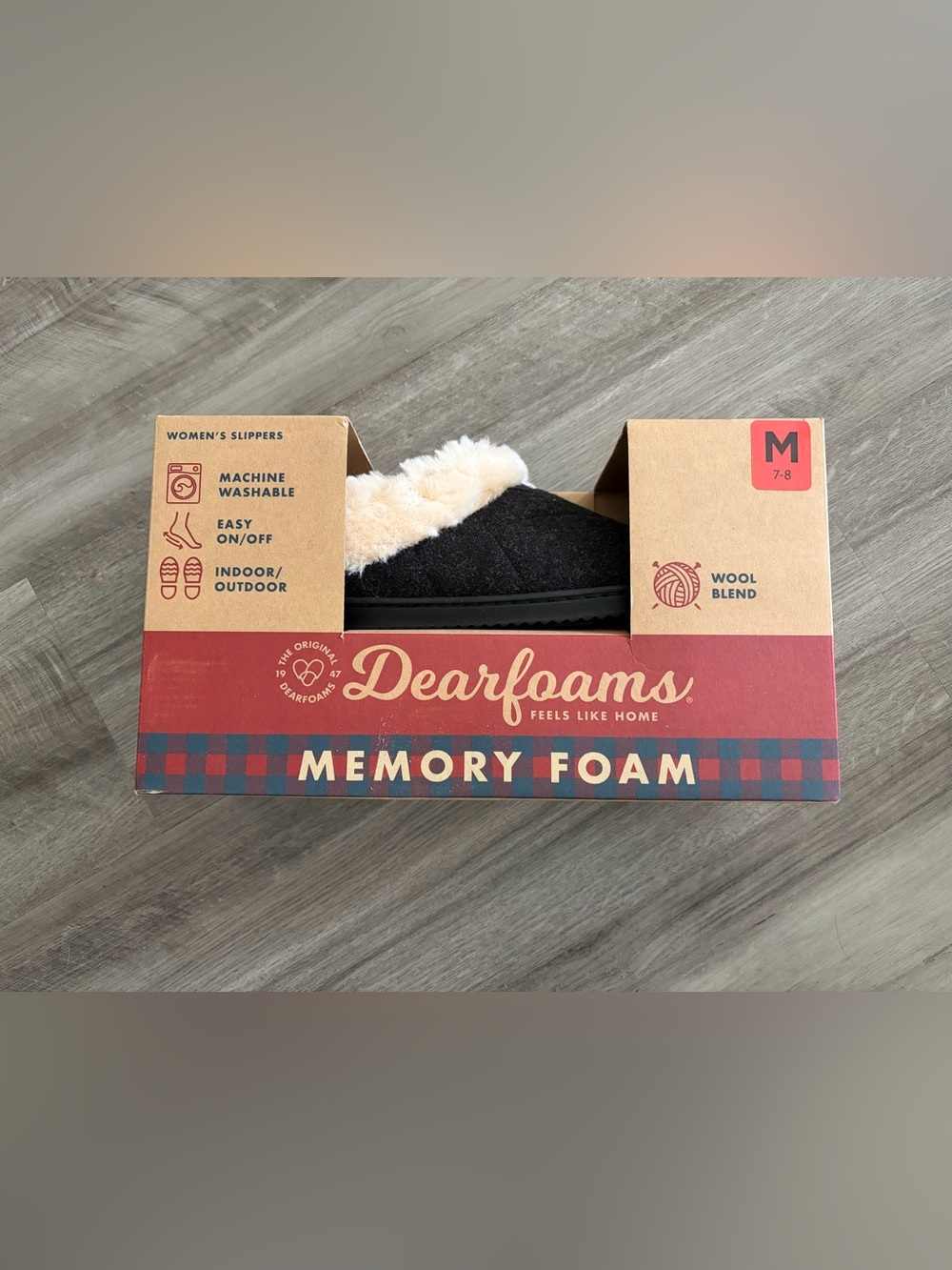 dearfoams Black Wool-Blend Slippers with Cream Plush Collar